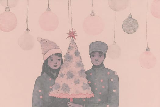 The couple displays a small Christmas tree adorned with ornaments, set against a warm pastel background filled with holiday decorations.