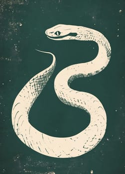 A striking depiction of a snake elegantly coiling against a deep green backdrop, showcasing a minimalist art style that emphasizes form.