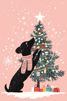 A black dog with a scarf joyfully decorates a Christmas tree surrounded by colorful gifts and softly falling snowflakes.