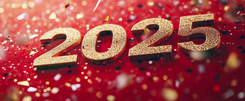 The shimmering number 2025 stands out against a red backdrop, surrounded by bright confetti celebrating the upcoming year.