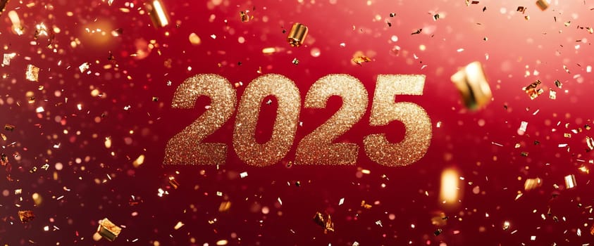 Glittering numbers representing the year 2025 shine brightly amid colorful confetti on a festive red backdrop.