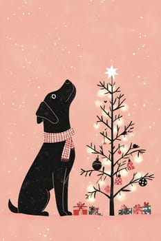 A black dog wearing a scarf gazes up at a twinkling Christmas tree surrounded by colorful presents, creating a festive mood.