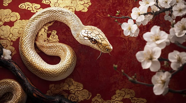 The white snake glides gracefully across a vibrant red surface, accompanied by elegantly blooming white flowers that enhance the aesthetic.