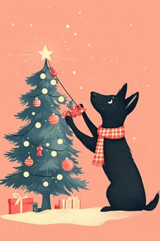 A joyful dog wearing a red scarf adds ornaments to a Christmas tree surrounded by colorful presents and a warm holiday atmosphere.