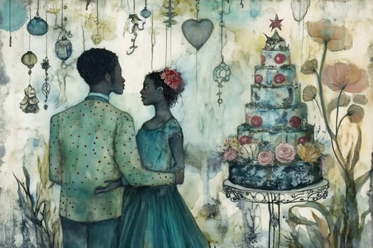 The couple shares a tender moment in an artistic environment adorned with ornaments and a colorful cake nearby.