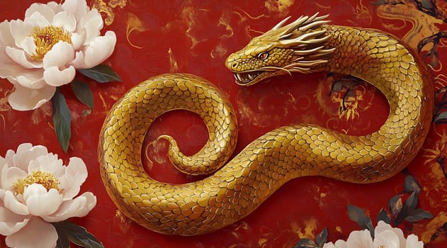 A golden dragon coils around elegant white peonies, set against a vivid red background, showcasing rich cultural artistry and tradition.