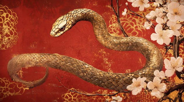 An intricate depiction of a snake elegantly coiled amidst delicate cherry blossoms, set against a bold red backdrop.