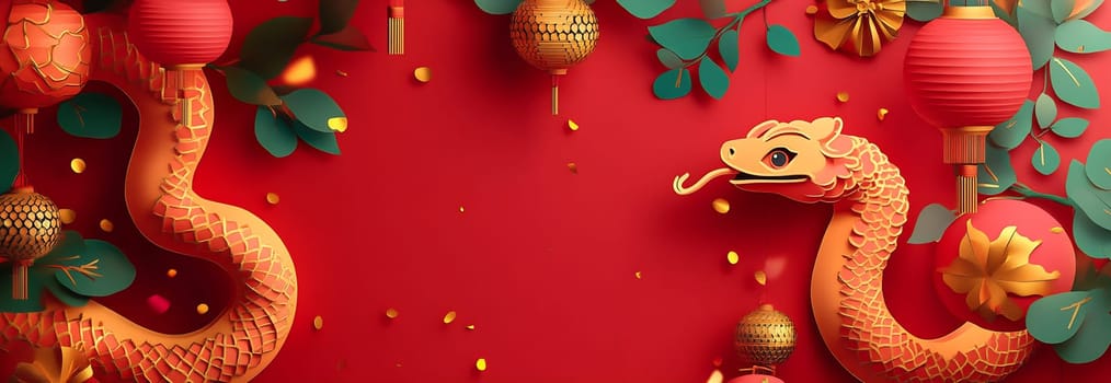 A colorful paper serpent weaves through lanterns and leaves, enhancing a striking red background for a festive cultural celebration.