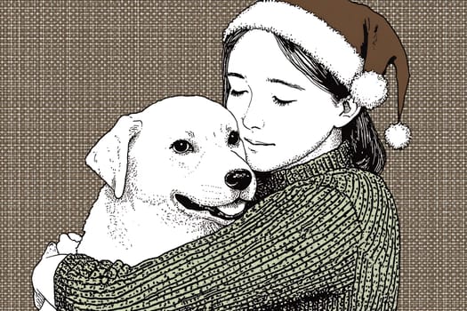 A girl wearing a holiday hat gently hugs her white dog, showcasing their bond in a cozy winter setting filled with warmth.