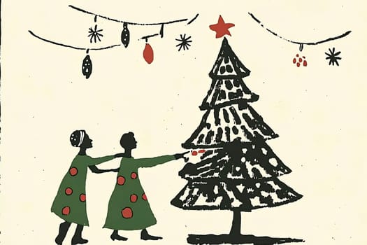 Two children joyfully place ornaments on a decorated Christmas tree while surrounded by festive decorations and string lights.