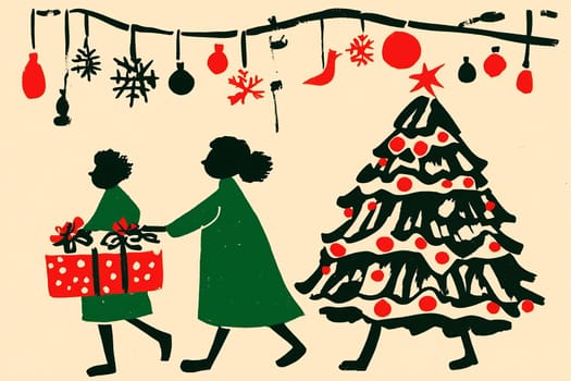 Two figures in green attire carry wrapped gifts near a beautifully decorated Christmas tree amidst colorful ornaments and holiday cheer.