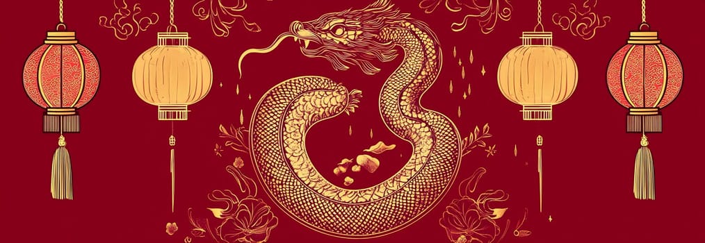 The striking dragon winds through a festive design, accented by glowing lanterns and intricate floral patterns on a red backdrop.