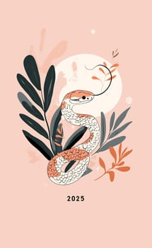 A creative depiction of a snake surrounded by leaves and flowers against a pink backdrop, marking the year 2025.