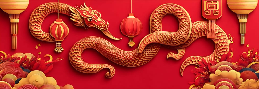 A stunning depiction of a dragon and snake surrounded by red lanterns, symbolizing good fortune during Lunar New Year festivities.