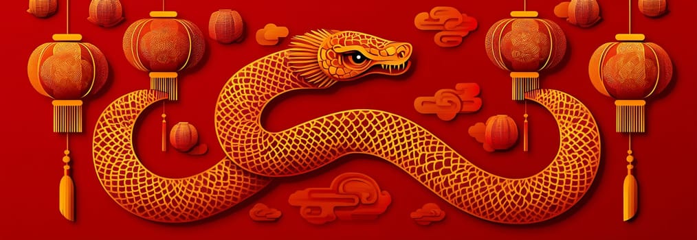 Golden snake artfully intertwined with decorative lanterns on a vibrant red background, celebrating cultural festivities and good fortune.