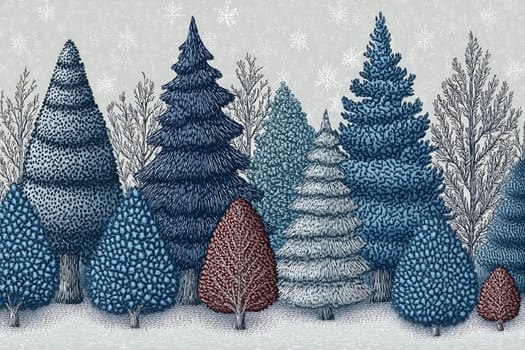 The artwork depicts a serene winter scene with different types of trees in blue and gray tones, enhancing the calm of the snowy atmosphere.