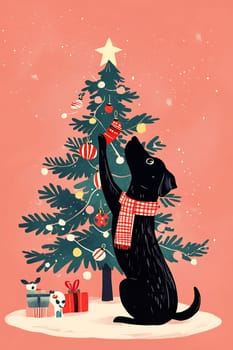 The black dog joyfully reaches up to hang an ornament on a Christmas tree, surrounded by presents and holiday decorations.
