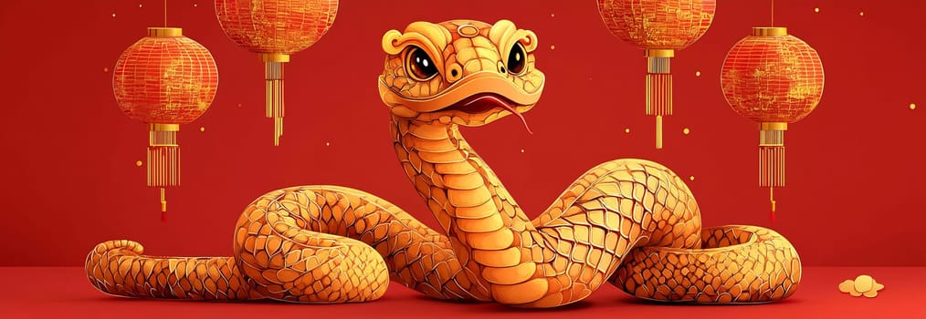 A vibrant orange snake is elegantly coiled among glowing lanterns, creating a festive atmosphere for the Lunar New Year celebration.
