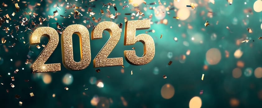 A dazzling arrangement of sparkling 2025 numbers surrounded by vibrant confetti against a striking background evokes celebration and anticipation.