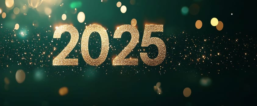 The year 2025 is showcased in shimmering gold against a backdrop filled with colorful sparkles and soft light effects.