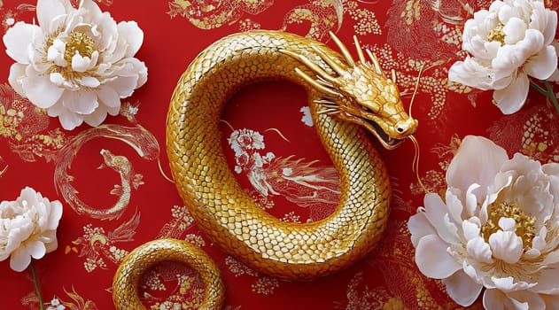 A detailed golden dragon figure rests on luxurious red fabric, with elegant white peonies enhancing the festive atmosphere.