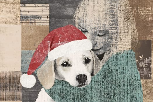 A girl warmly embraces her beagle dog adorned with a Santa hat, celebrating the holiday season with love and cheer.
