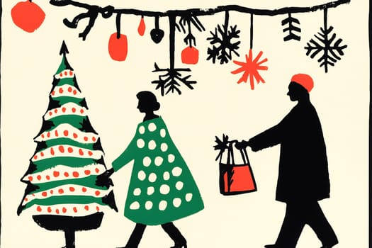 A couple enjoys decorating a Christmas tree with colorful ornaments and lights, immersed in a joyful holiday atmosphere.