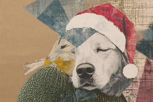 A golden retriever in a Santa hat enjoys a warm embrace against a knitted green sweater, capturing a festive winter vibe.
