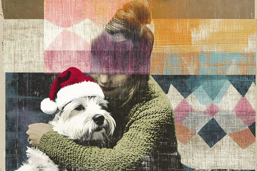 A woman joyfully hugs her dog, adorned with a Santa hat, amid vibrant, multicolored abstract backgrounds, capturing holiday spirit.