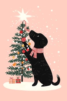 The black dog joyfully hangs ornaments on a Christmas tree, surrounded by gifts and falling snowflakes in a festive atmosphere.