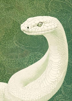 This artwork features a white snake gracefully coiled, highlighted against a soft green backdrop, emphasizing its intricate scale patterns.