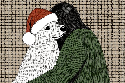 A person enjoys a heartfelt moment with a festive polar bear, symbolizing the warmth of holiday cheer during winter.