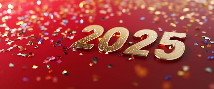 The number 2025 sparkles amidst a shower of colorful confetti on a bright red surface, setting a festive mood for the New Year.