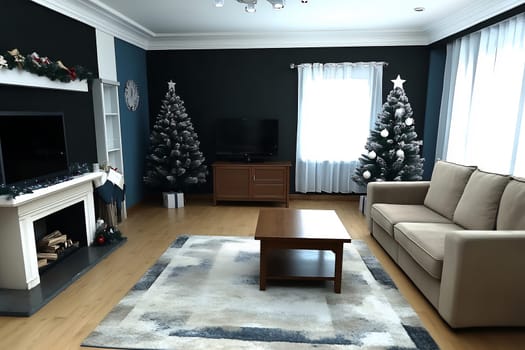 The living area features two festive Christmas trees, a cozy couch, and a warm atmosphere created by natural light.