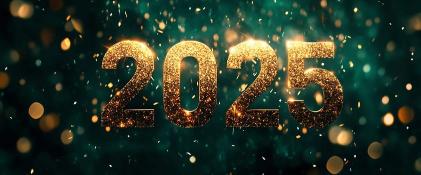 Golden numbers 2025 shimmer in a dark setting, surrounded by glimmering lights, perfect for welcoming the new year joyfully.