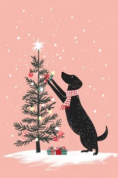 A cheerful dog engages in decorating a Christmas tree with colorful lights and ornaments amidst a festive winter background.