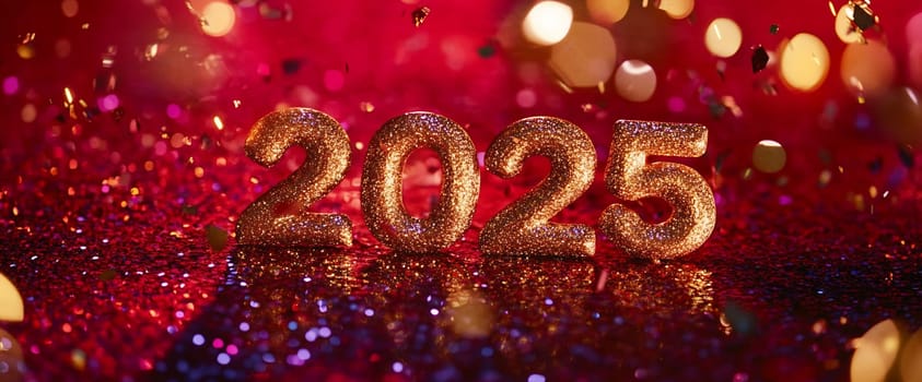 The glittering numbers 2025 shine brightly on a red backdrop, surrounded by colorful confetti, marking a festive New Year's celebration.