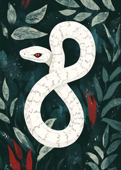 A white snake coils through dark green leaves, showcasing its striking red eyes in an artistic and colorful display of nature.