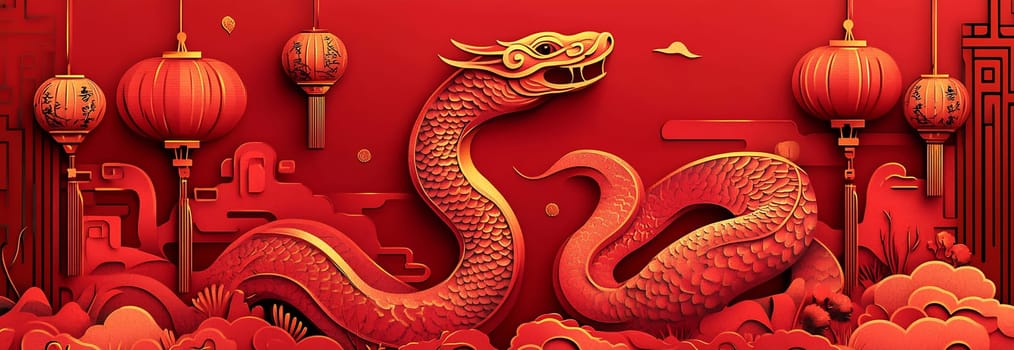The intricate design features a golden snake intertwined with red clouds and lanterns, symbolizing a festive atmosphere.