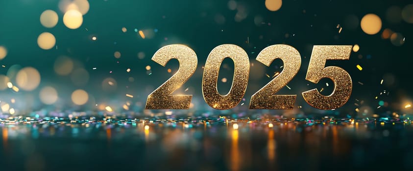 Sparkling numbers representing 2025 shine brightly among colorful lights and confetti, creating a festive atmosphere for celebration.