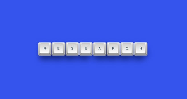 Research text on a 3d keyboard button with shadow, 3d illustration