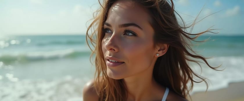 A brunette woman stands at the beach, her hair flowing in the breeze, enjoying a sunny day by the ocean while wearing a stylish swimsuit. The waves softly reach the shore. Generative AI.