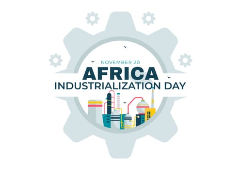 African Industrialization Day Vector Illustration of a Factory Building with Chimneys Operating in the City Center, Set in a Flat Style Background