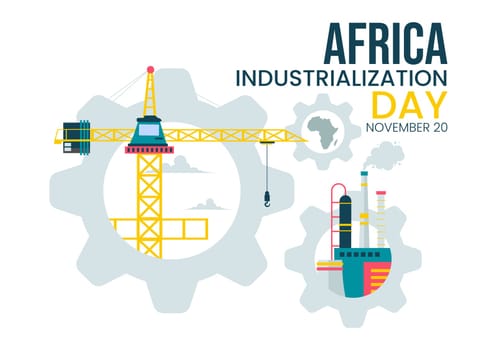 African Industrialization Day Vector Illustration of a Factory Building with Chimneys Operating in the City Center, Set in a Flat Style Background