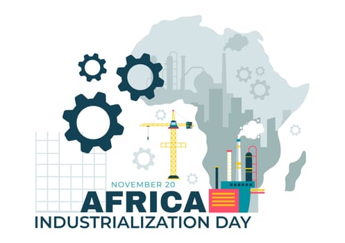 African Industrialization Day Vector Illustration of a Factory Building with Chimneys Operating in the City Center, Set in a Flat Style Background