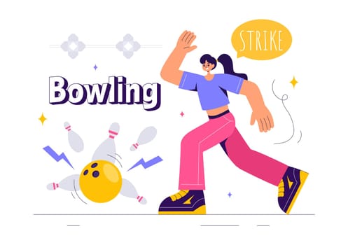 Vector illustration of a Bowling Game with People Throwing Balls, Featuring Pins, Ball, and Scoreboards in a Sport Club and Fun of a Bowling Match