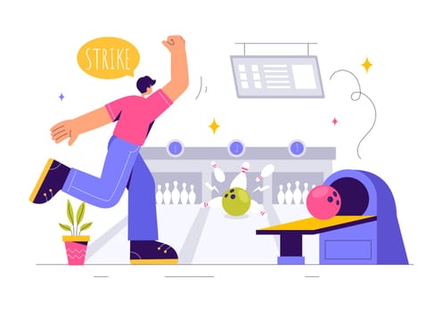 Vector illustration of a Bowling Game with People Throwing Balls, Featuring Pins, Ball, and Scoreboards in a Sport Club and Fun of a Bowling Match