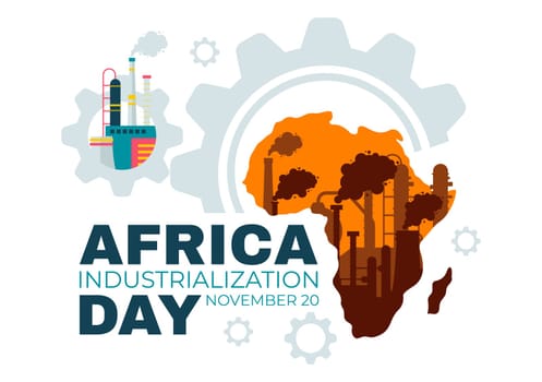 African Industrialization Day Vector Illustration of a Factory Building with Chimneys Operating in the City Center, Set in a Flat Style Background
