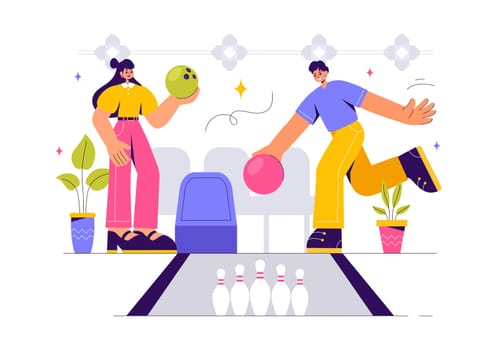 Vector illustration of a Bowling Game with People Throwing Balls, Featuring Pins, Ball, and Scoreboards in a Sport Club and Fun of a Bowling Match