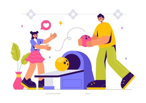 Vector illustration of a Bowling Game with People Throwing Balls, Featuring Pins, Ball, and Scoreboards in a Sport Club and Fun of a Bowling Match